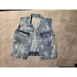 Vintage Tickets Light Blue Denim Jean Vest Size 3 Faded White Washed